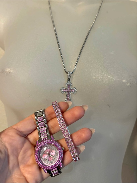 Jewelry - Purple Crystal Watch, Bracelet & Cross Necklace Set